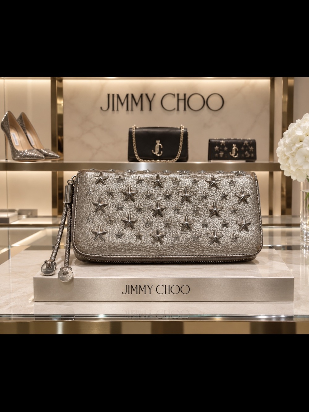Jimmy Choo Filipa Metallic Silver Star-Studded Zip-Around Continental Wallet